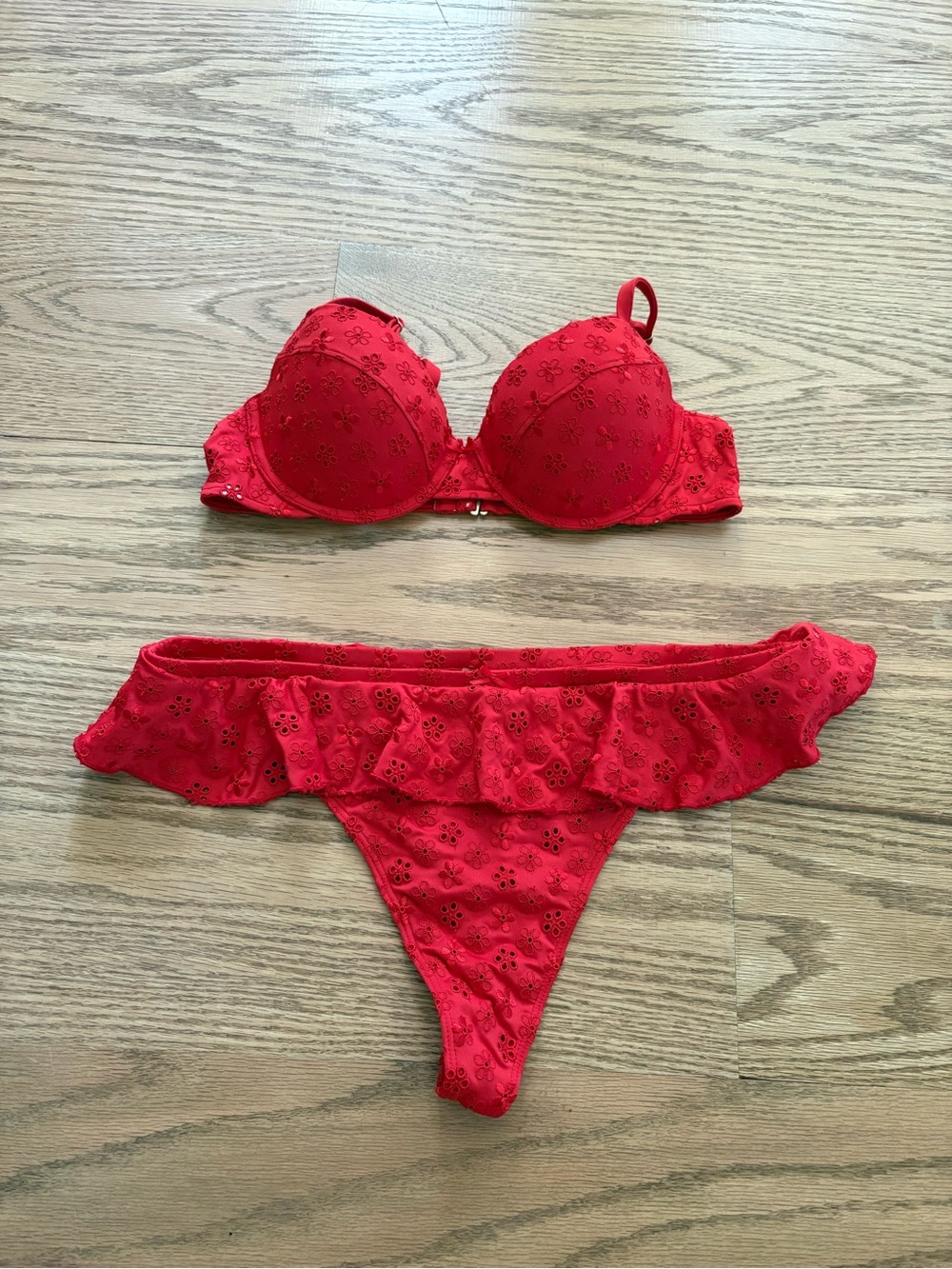 Frankie's Bikinis Red Eyelet Ruffle Bikini Set